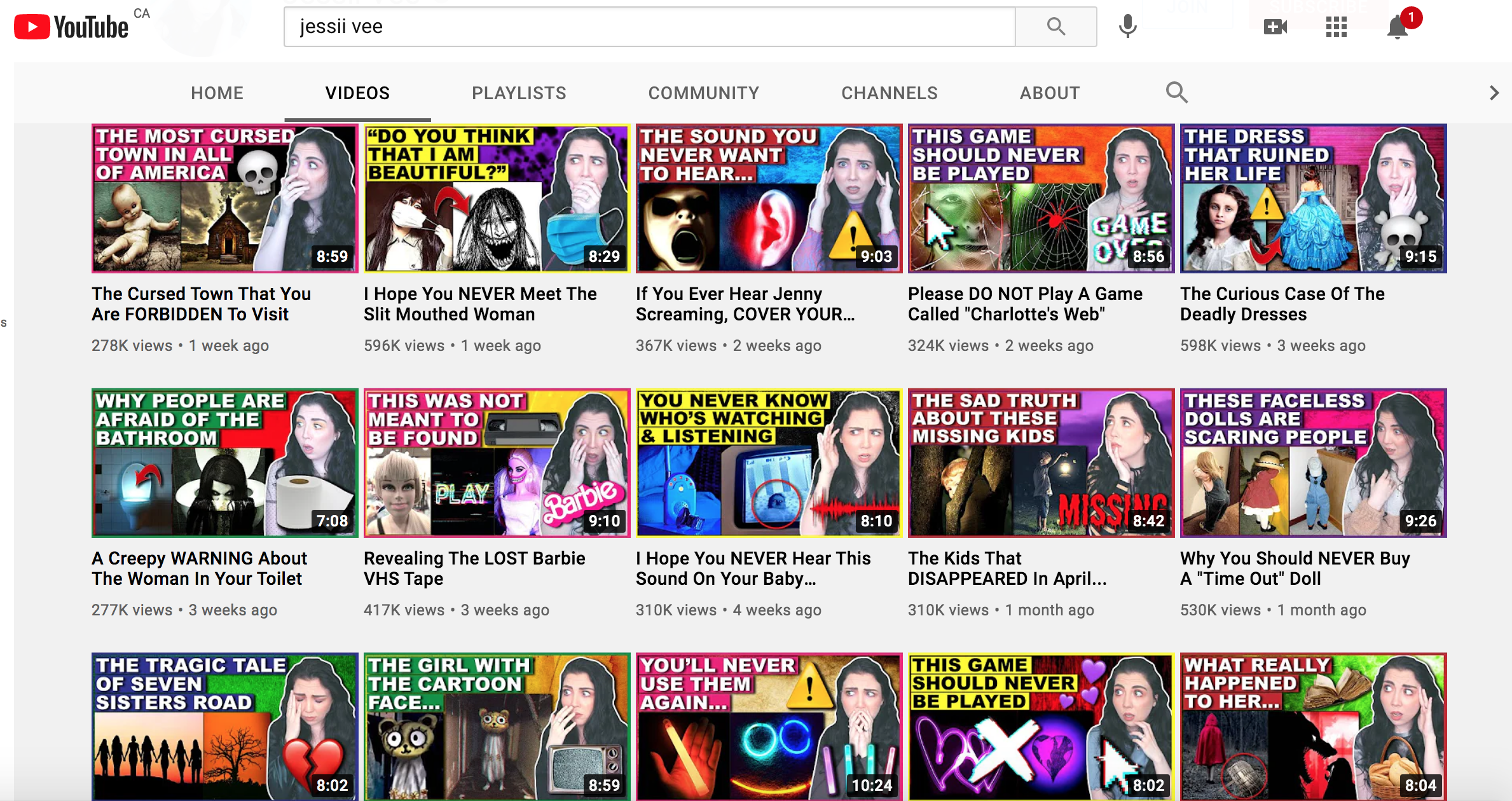 Screenshot of YouTuber Jessii Vee's latest video uploads